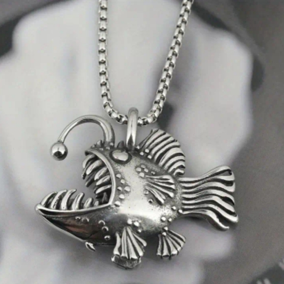 New! MEN'S Angler Fish Stainless Steel Pendant Necklace. - Picture 1 of 6